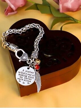 Silver Sister Message Charm Bracelet with Wing and Birthstone Accents